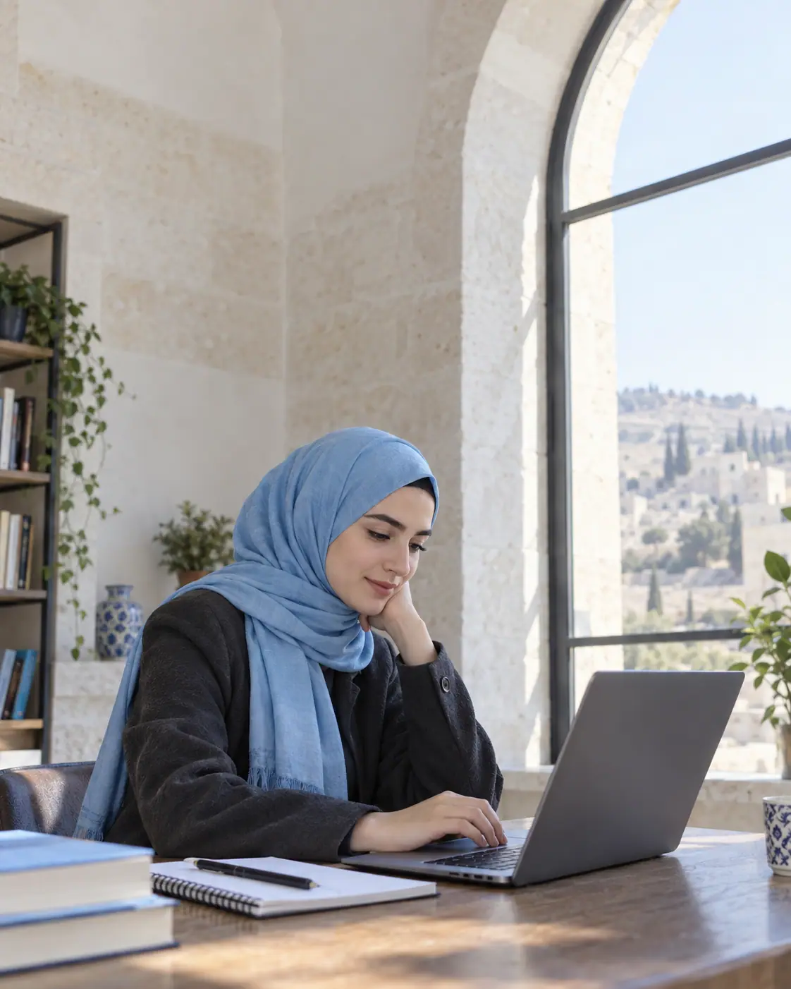 طالبة تعمل على لابتوب قرب نافذة مقوّسة تطل على المدينة
